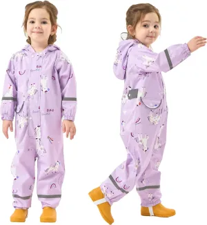 Fewlby Kids Rain Suit Toddler Girls Raincoats One Piece Hoodie Cartoon Rain Gear Coverall Waterproof Rainwear