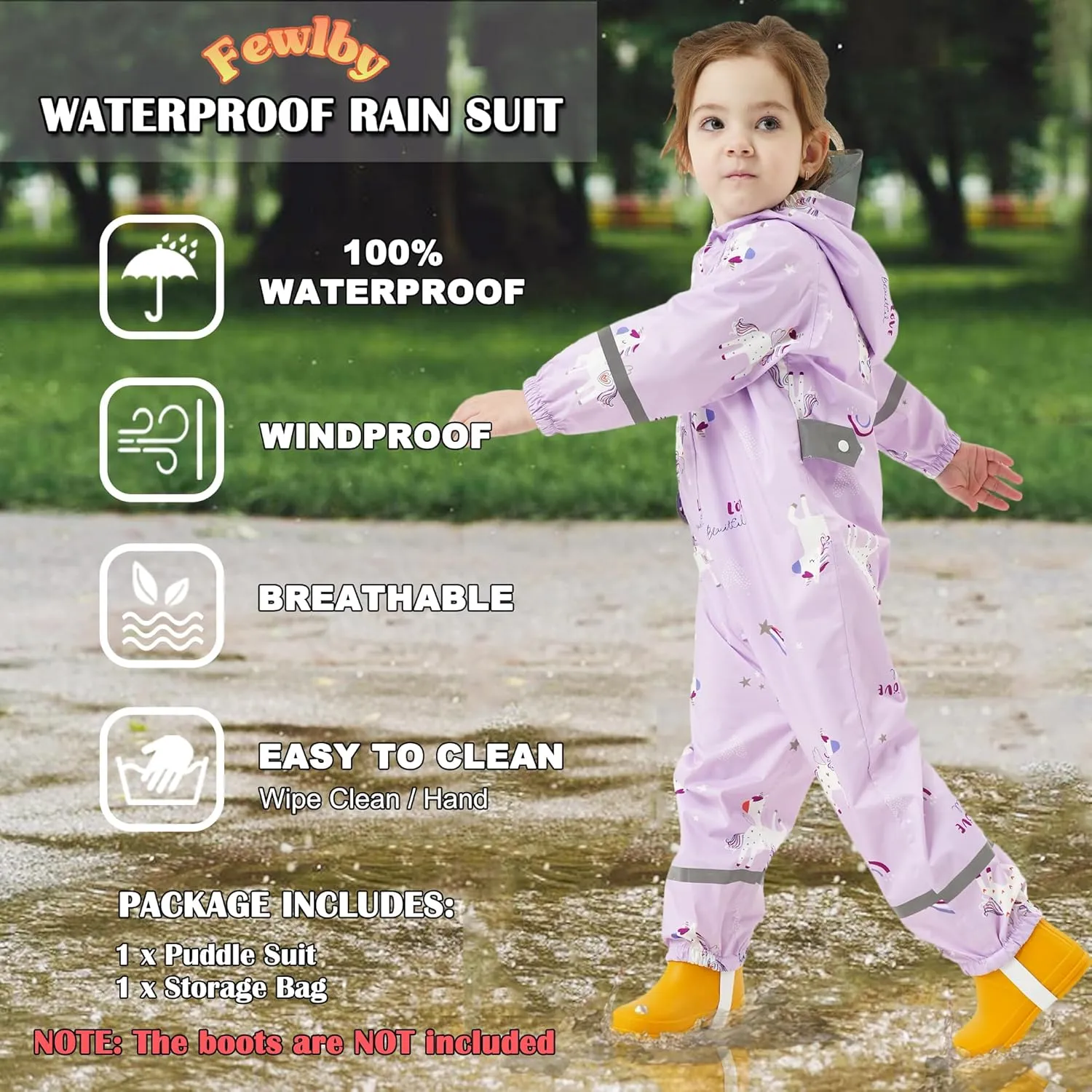 Fewlby Kids Rain Suit Toddler Girls Raincoats One Piece Hoodie Cartoon Rain Gear Coverall Waterproof Rainwear