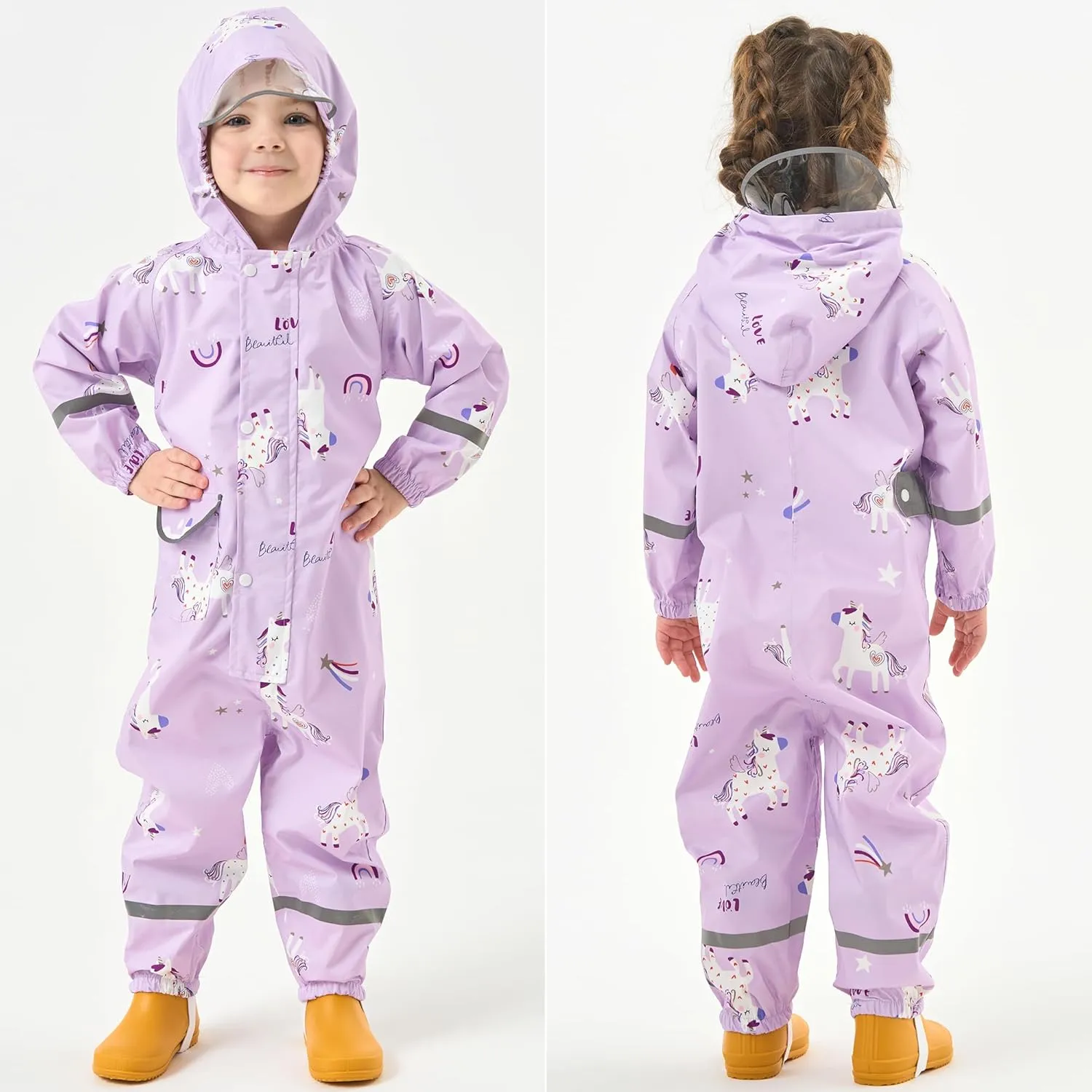 Fewlby Kids Rain Suit Toddler Girls Raincoats One Piece Hoodie Cartoon Rain Gear Coverall Waterproof Rainwear