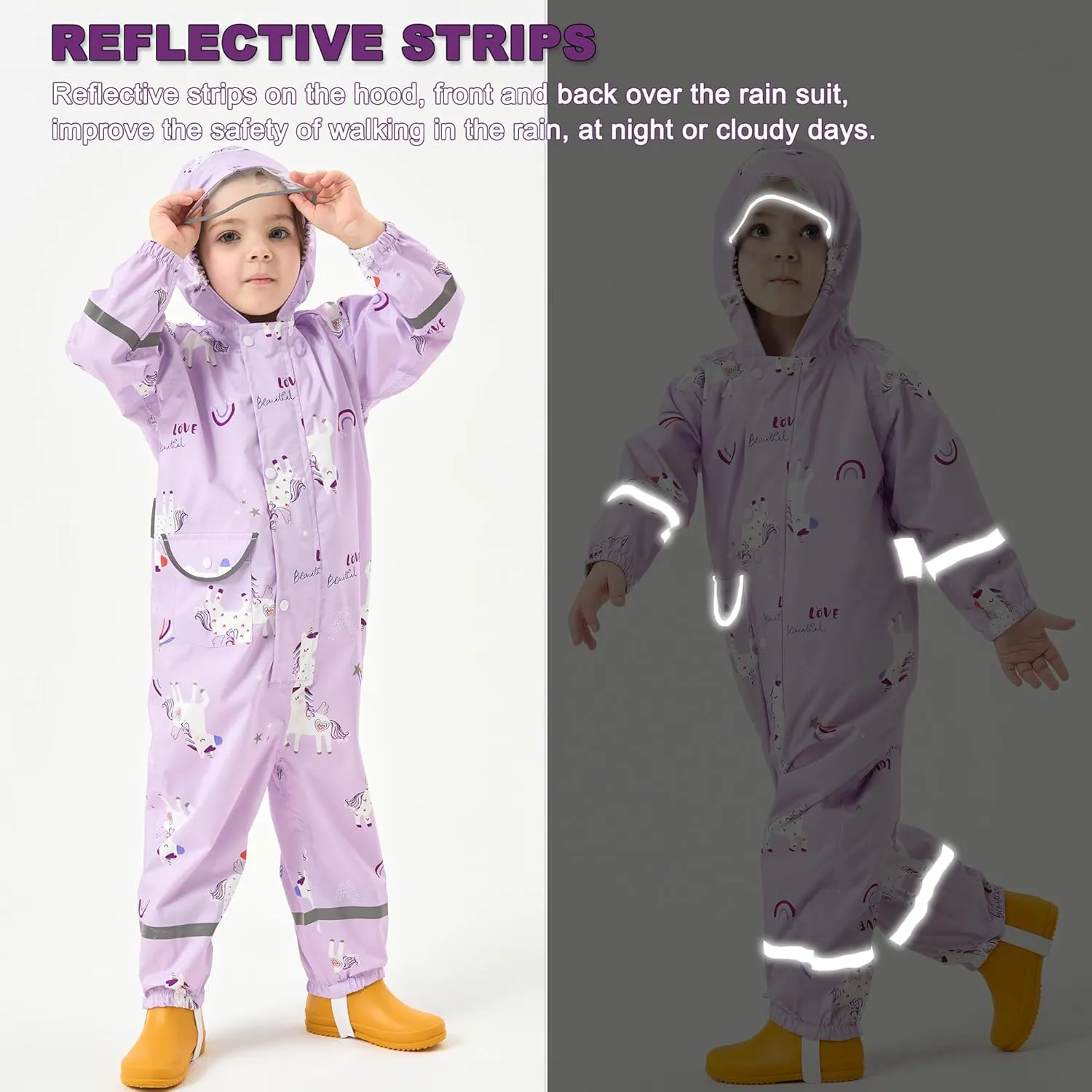 Fewlby Kids Rain Suit Toddler Girls Raincoats One Piece Hoodie Cartoon Rain Gear Coverall Waterproof Rainwear