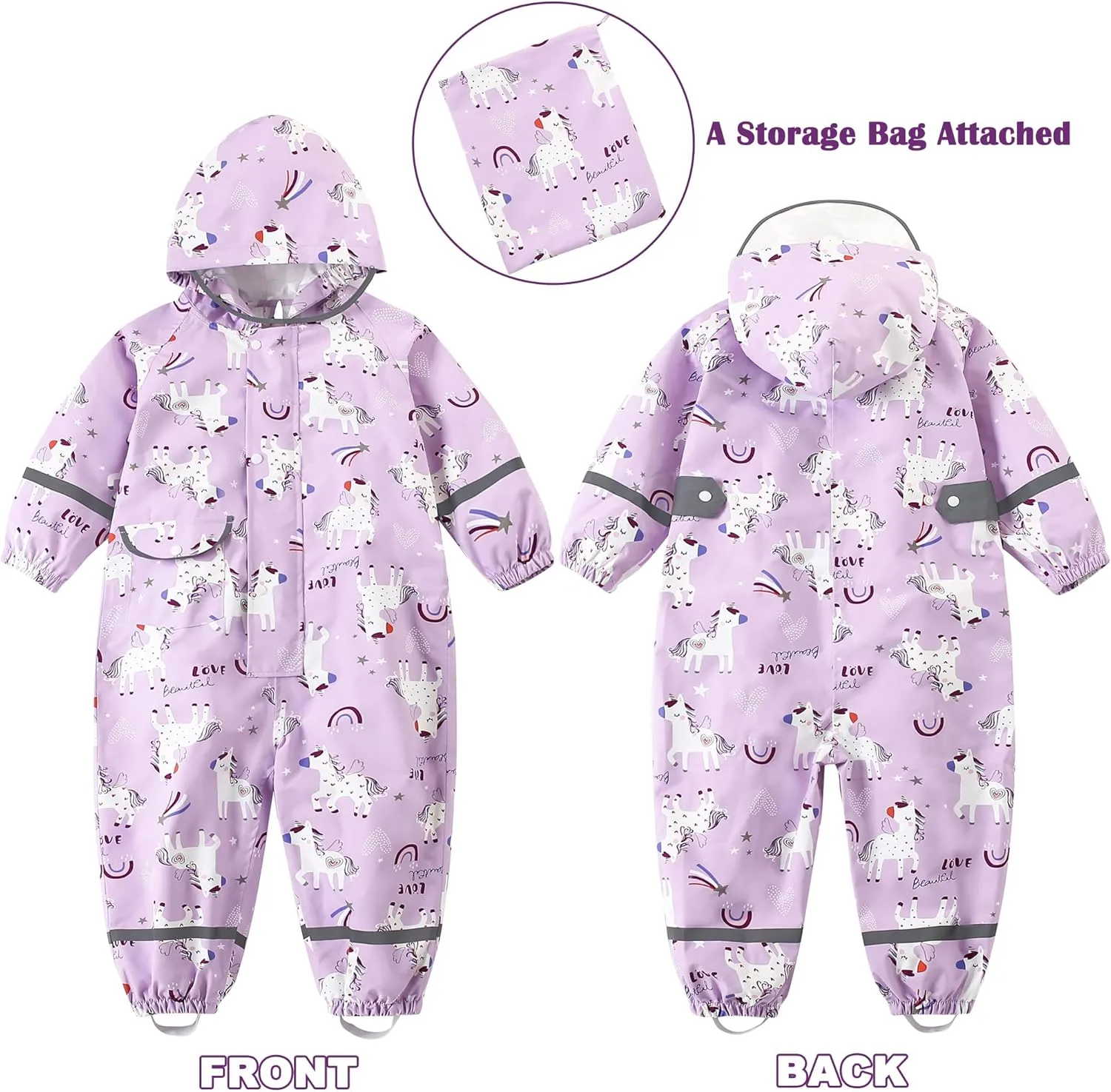 Fewlby Kids Rain Suit Toddler Girls Raincoats One Piece Hoodie Cartoon Rain Gear Coverall Waterproof Rainwear