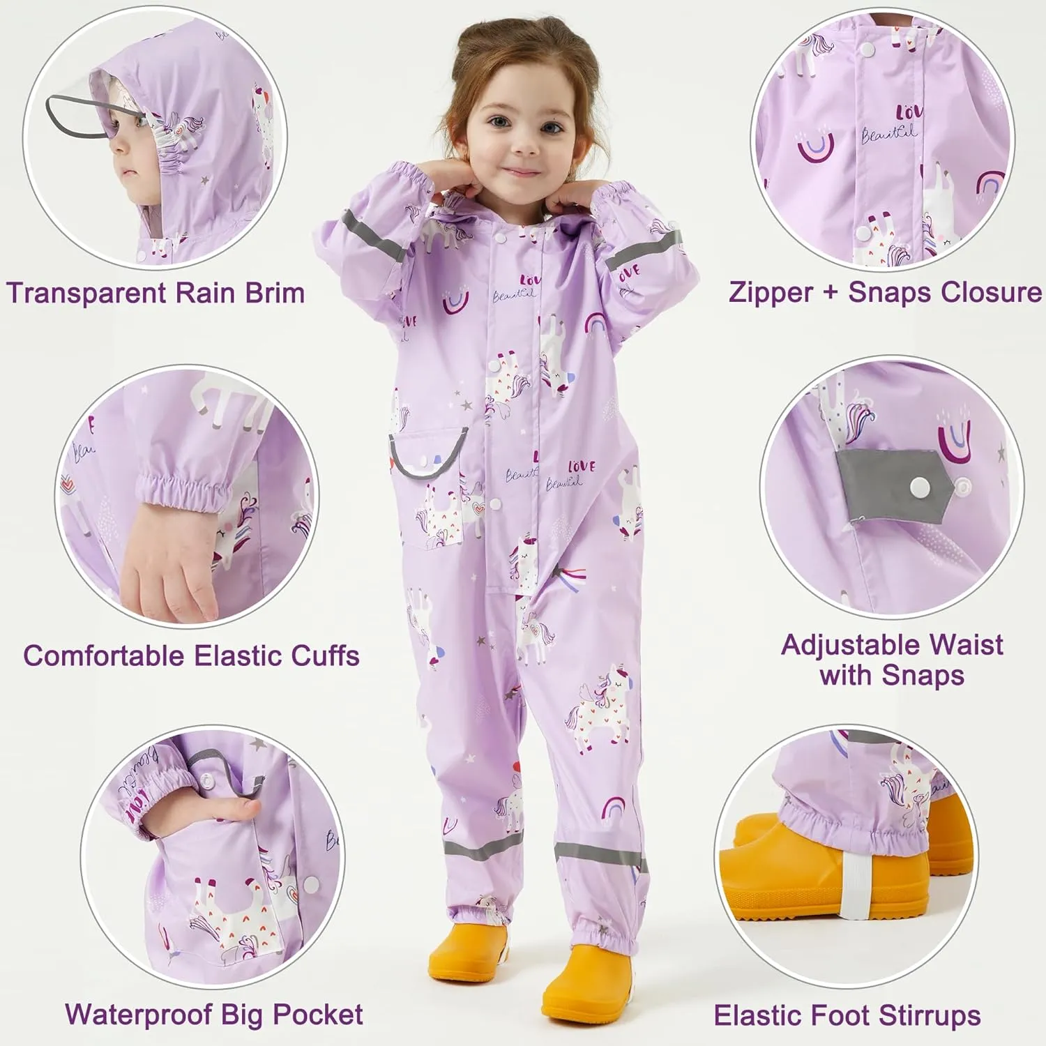 Fewlby Kids Rain Suit Toddler Girls Raincoats One Piece Hoodie Cartoon Rain Gear Coverall Waterproof Rainwear