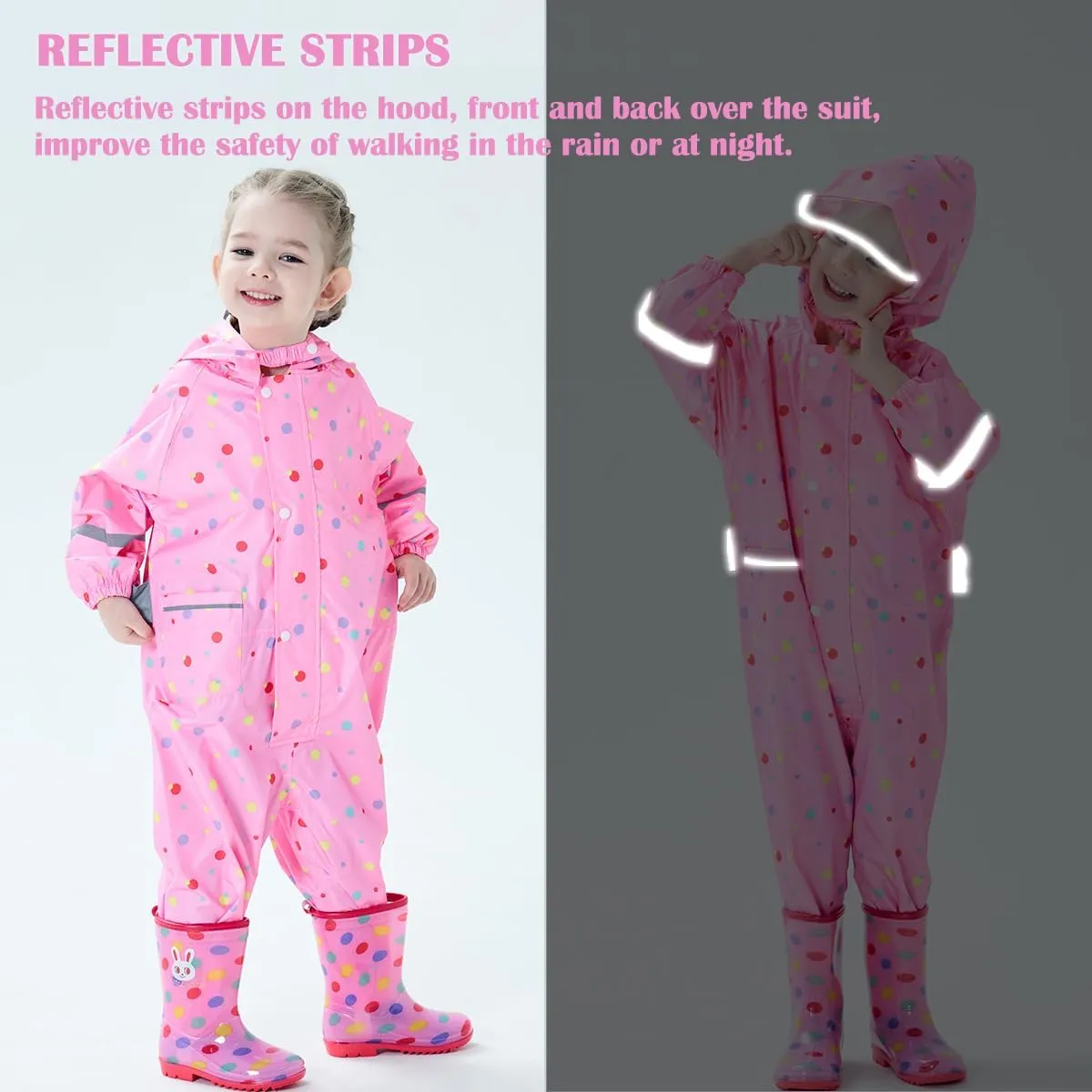 Fewlby Kids Toddler Rain Suit for boys girls One Piece Hoodie Zipper Waterproof Rain Jacket 1-10 years S-XXL Size