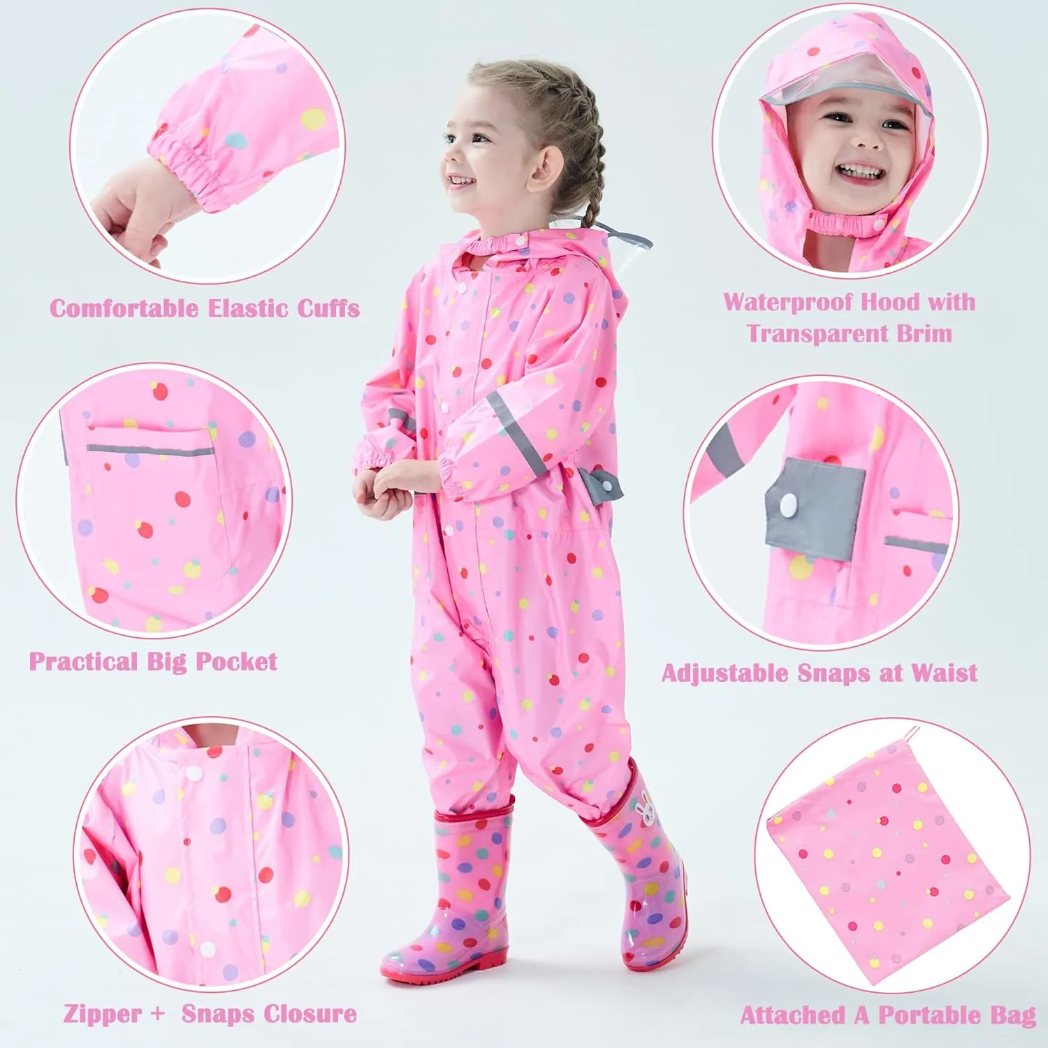 Fewlby Kids Toddler Rain Suit for boys girls One Piece Hoodie Zipper Waterproof Rain Jacket 1-10 years S-XXL Size