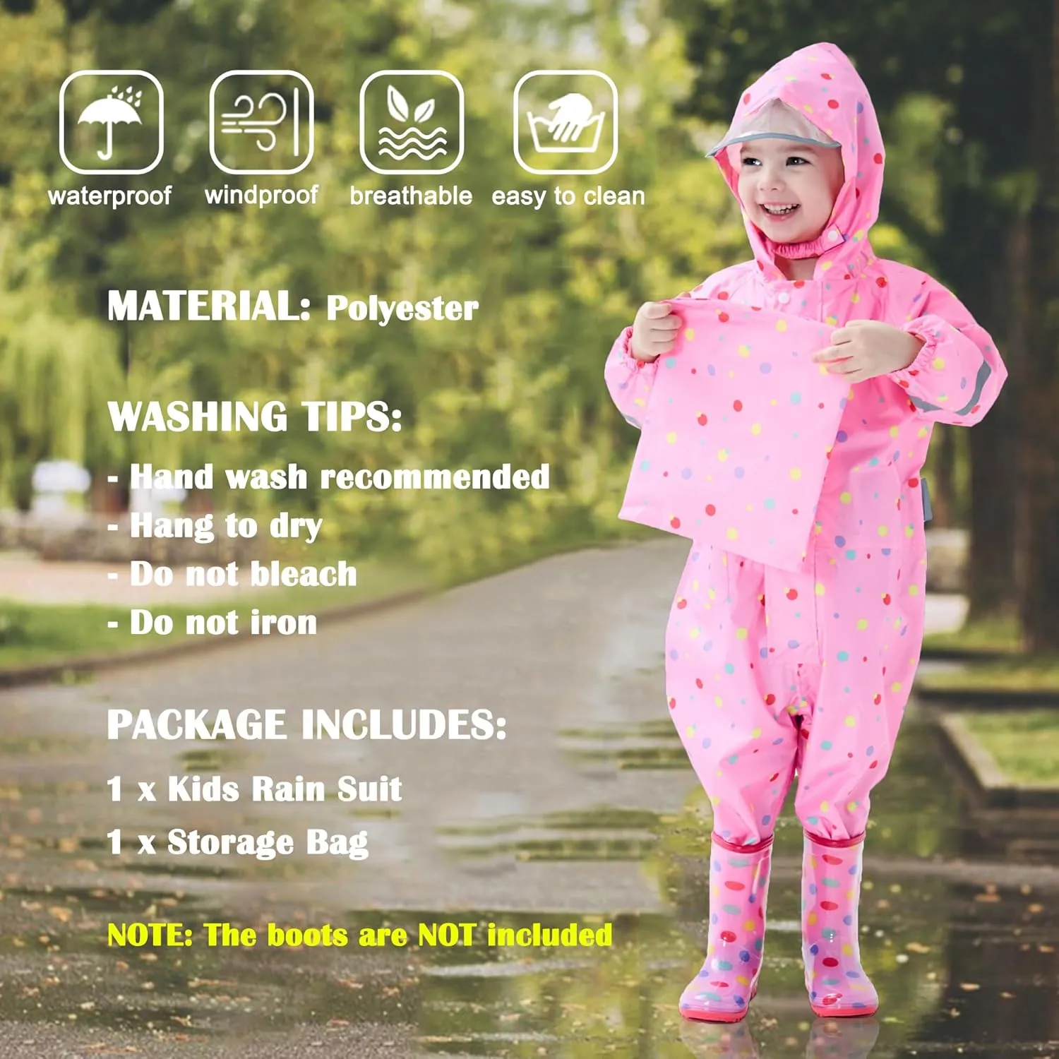 Fewlby Kids Toddler Rain Suit for boys girls One Piece Hoodie Zipper Waterproof Rain Jacket 1-10 years S-XXL Size