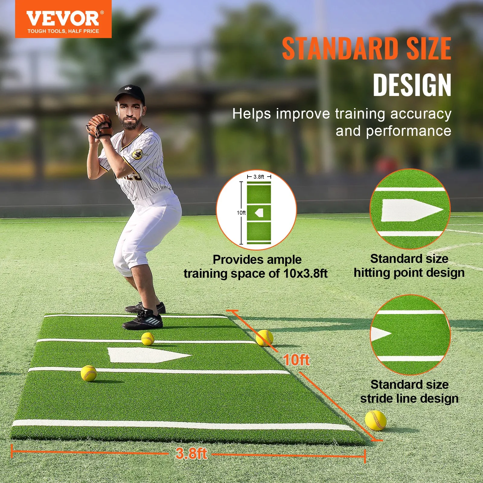 (FINAL PRICES ARE LOWER ON OUR SITE!) VEVOR Baseball Softball Hitting Batting Mat, 10' x 3.8' Indoor/Outdoor Softball Mat, Lined & Foam Backing Anti-Slip Anti-Fade Softball Training Aid, Portable Practice Mat with Tightening Rope, Green
