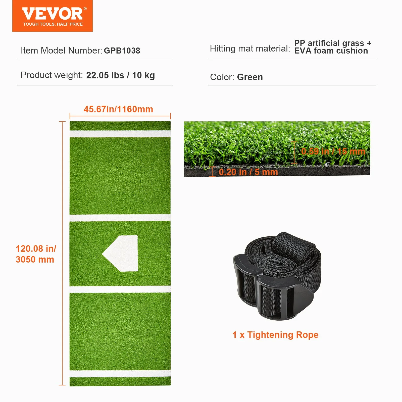 (FINAL PRICES ARE LOWER ON OUR SITE!) VEVOR Baseball Softball Hitting Batting Mat, 10' x 3.8' Indoor/Outdoor Softball Mat, Lined & Foam Backing Anti-Slip Anti-Fade Softball Training Aid, Portable Practice Mat with Tightening Rope, Green