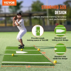 (FINAL PRICES ARE LOWER ON OUR SITE!) VEVOR Baseball Softball Hitting Batting Mat, 10' x 3.8' Indoor/Outdoor Softball Mat, Lined & Foam Backing Anti-Slip Anti-Fade Softball Training Aid, Portable Practice Mat with Tightening Rope, Green