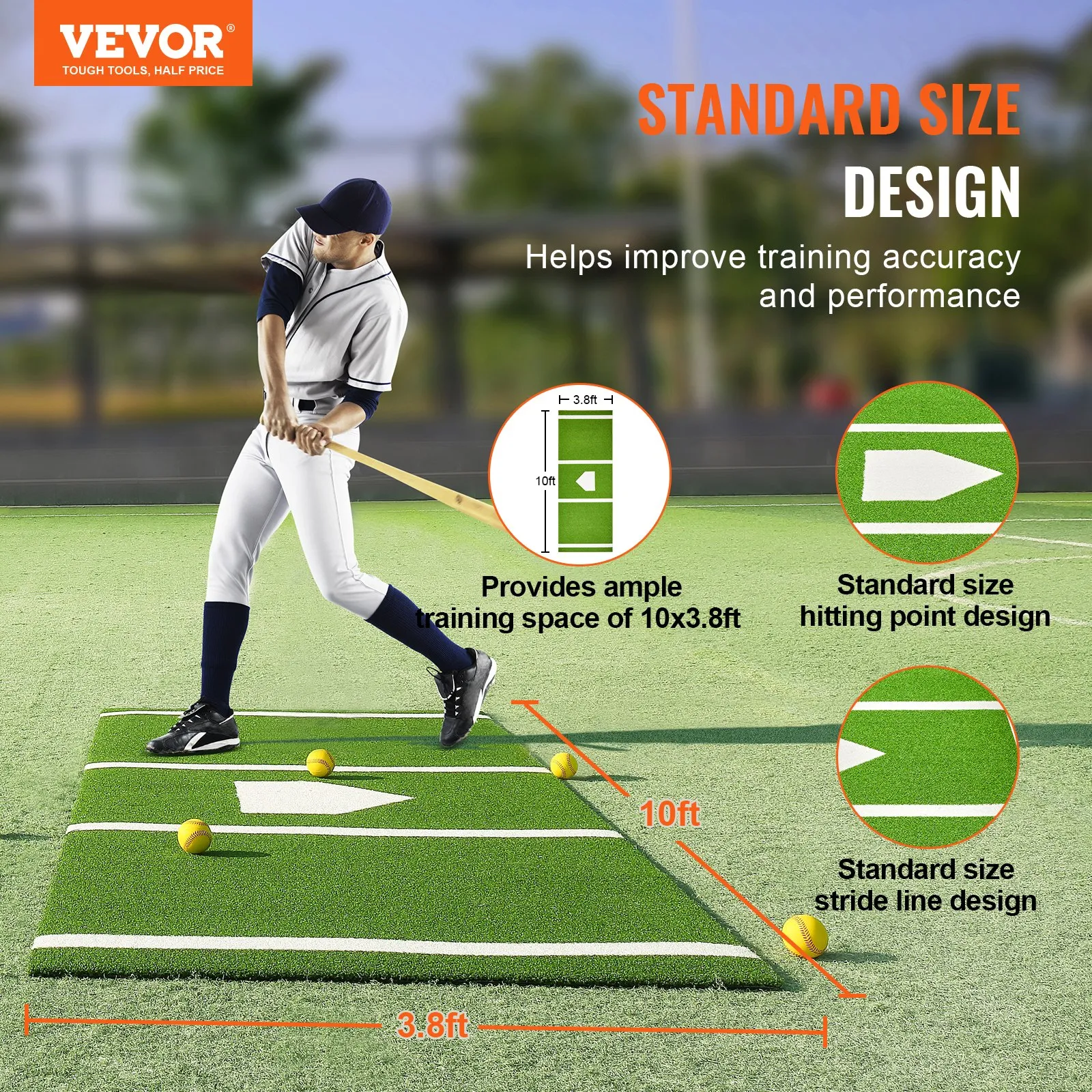 (FINAL PRICES ARE LOWER ON OUR SITE!) VEVOR Baseball Softball Hitting Batting Mat, 10' x 3.8' Indoor/Outdoor Softball Mat, Lined & Foam Backing Anti-Slip Anti-Fade Softball Training Aid, Portable Practice Mat with Tightening Rope, Green