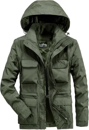 Finelylove Men's Tactical Jacket Military Waterproof Rain Jacket Breathable Hooded Windbreaker Raincoat Multi Pockets