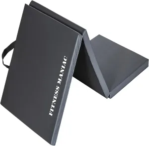 Fitness Maniac Tri-Fold Folding Exercise Mat - Thick and High-Density Firm Mat with Carrying Handles for MMA, Gymnastics, Stretching, Core Workouts - Black Gym Mat for Home Fitness