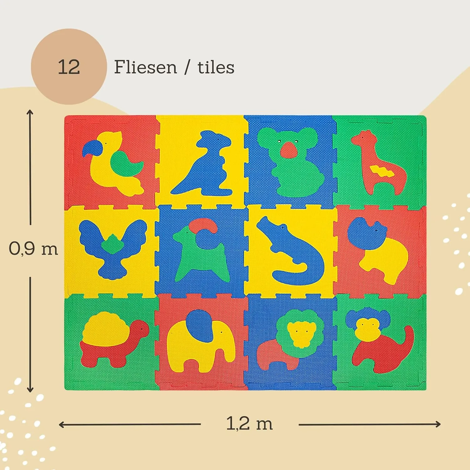 Foam Play Mat for Babies and Children | 12 EVA Foam Floor Tiles with Safari Animals in a Storage Bag |  20% Thicker and Softer Puzzle Mat for Crawling and Learning | 100% Safe, Non-Toxic, Odorless