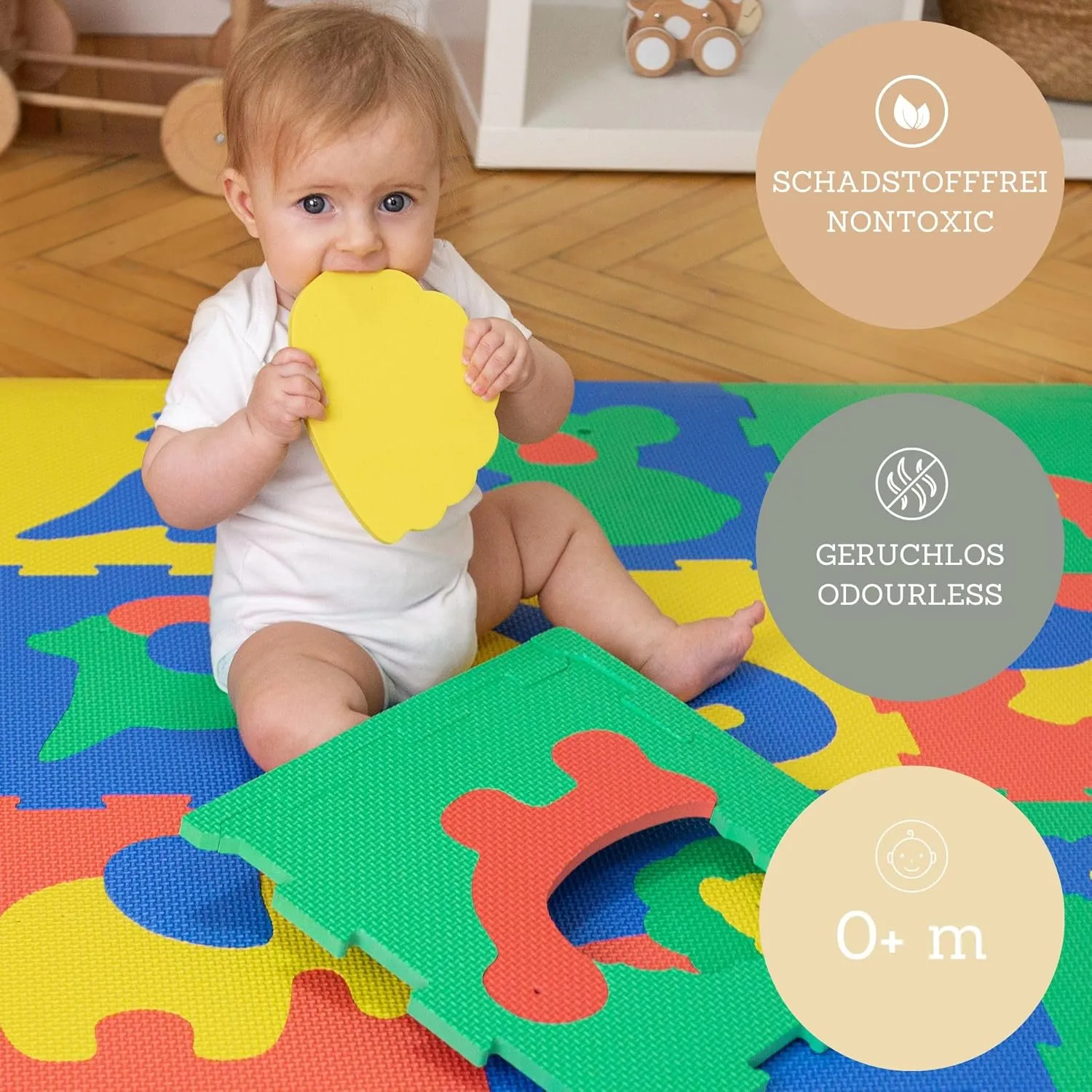 Foam Play Mat for Babies and Children | 12 EVA Foam Floor Tiles with Safari Animals in a Storage Bag |  20% Thicker and Softer Puzzle Mat for Crawling and Learning | 100% Safe, Non-Toxic, Odorless