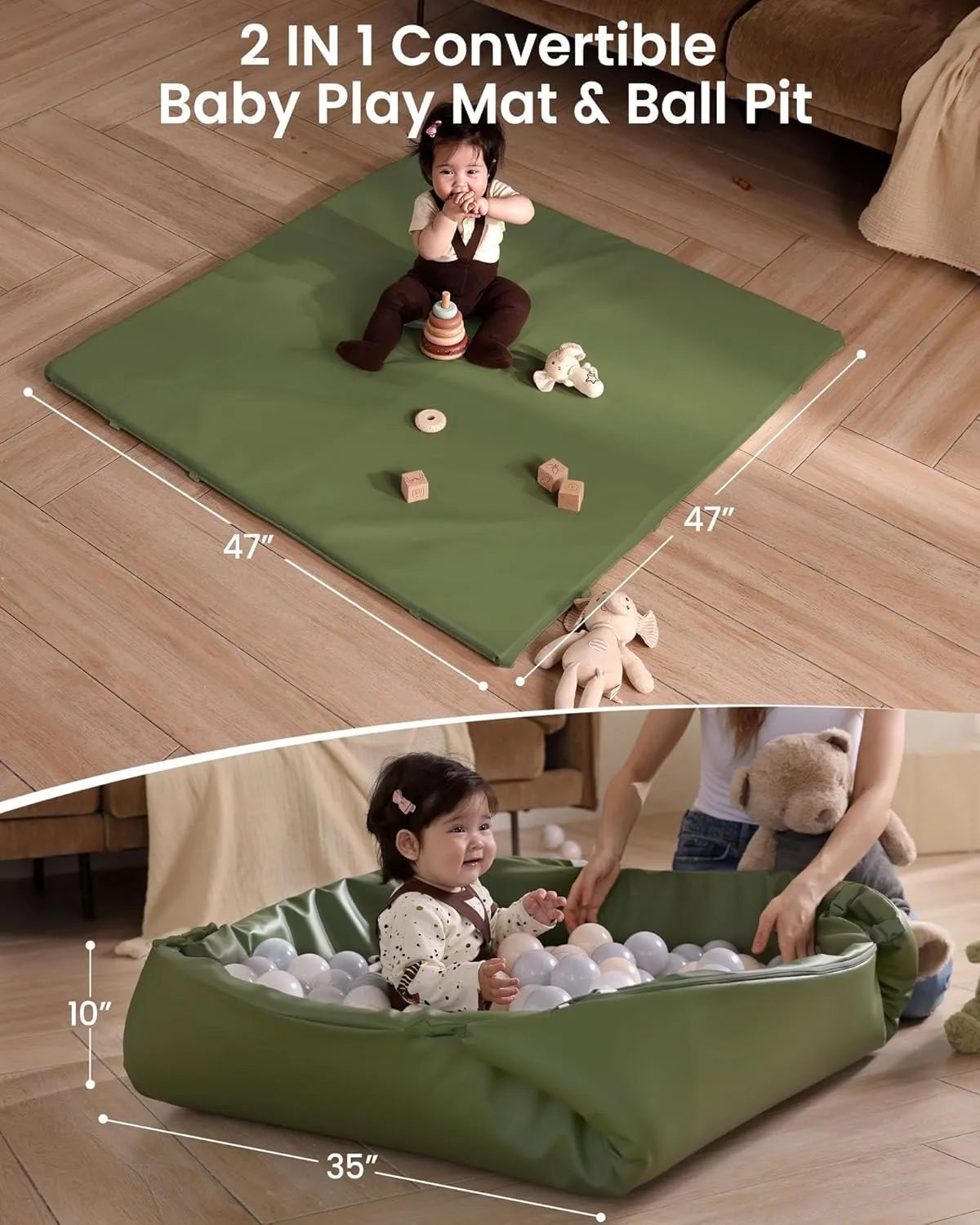 Foam Play Mat for Baby: 2-in-1 Foldable Floor Mat & Ball Pit for Infants and Toddlers - 47x47 Extra Thick Soft Vegan Leather Padded Playmat for 50x50 Playpen for Babies（Green