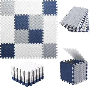 Foam Play Mat for Baby, EVA Non-Toxic Interlocking Floor Mats with Solid Colors, Squares Baby Play Mat, EVA Foam Floor Mat Foam Mats for Kids, Baby, 16 Tiles(White/Light Gray/Dark Blue)