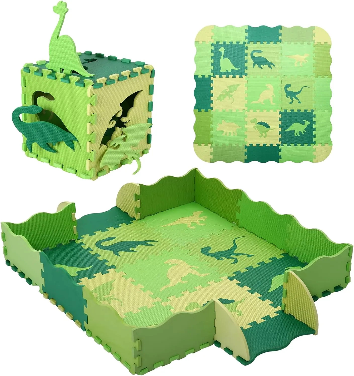 Foam Play Mat for Kids，25Pcs Square Interlocking Puzzle Floor Mat，Baby Play Mat Floor Mat Foam Puzzle Playmat for Toddlers with Fence - Green Dinosaurs