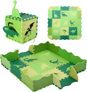 Foam Play Mat for Kids，25Pcs Square Interlocking Puzzle Floor Mat，Baby Play Mat Floor Mat Foam Puzzle Playmat for Toddlers with Fence - Green Dinosaurs