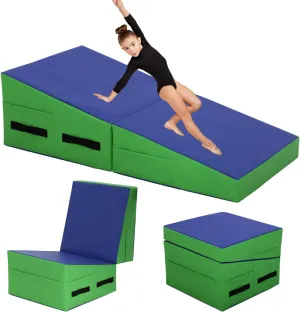 Folding Incline Gymnastics Mat for Tumbling, Folding Tumbling Mats Cheese Wedge Incline Mat with Non-Slip PU Leather Surface & Handles, Gym Fitness Tumbling Matts for Kids Girls Home Training Exercise