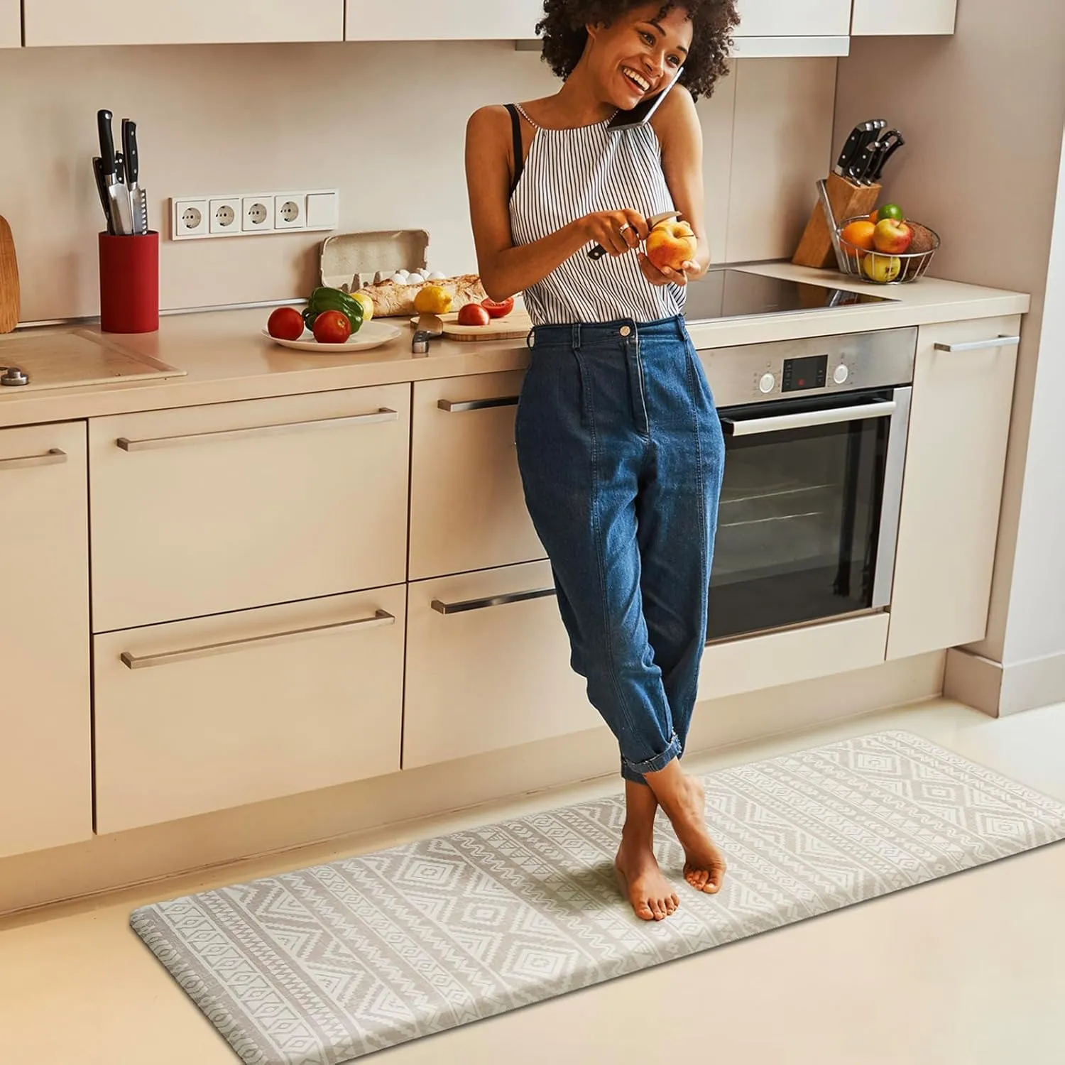 FRESHMINT Boho Kitchen Mat 17.3"x60" 0.47" Narrow Anti-Fatigue Cushioned Kitchen Mats for Floor, Long Waterproof Non Slip Comfort Standing Mat Kitchen Rug Runner for Kitchen Sink, Oatmeal Beige