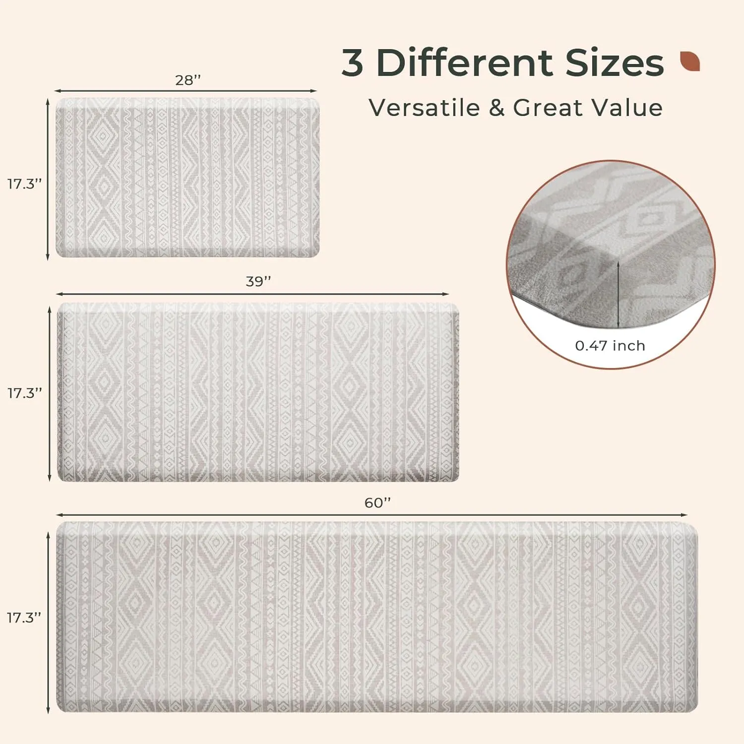 FRESHMINT Boho Kitchen Mat 17.3"x60" 0.47" Narrow Anti-Fatigue Cushioned Kitchen Mats for Floor, Long Waterproof Non Slip Comfort Standing Mat Kitchen Rug Runner for Kitchen Sink, Oatmeal Beige