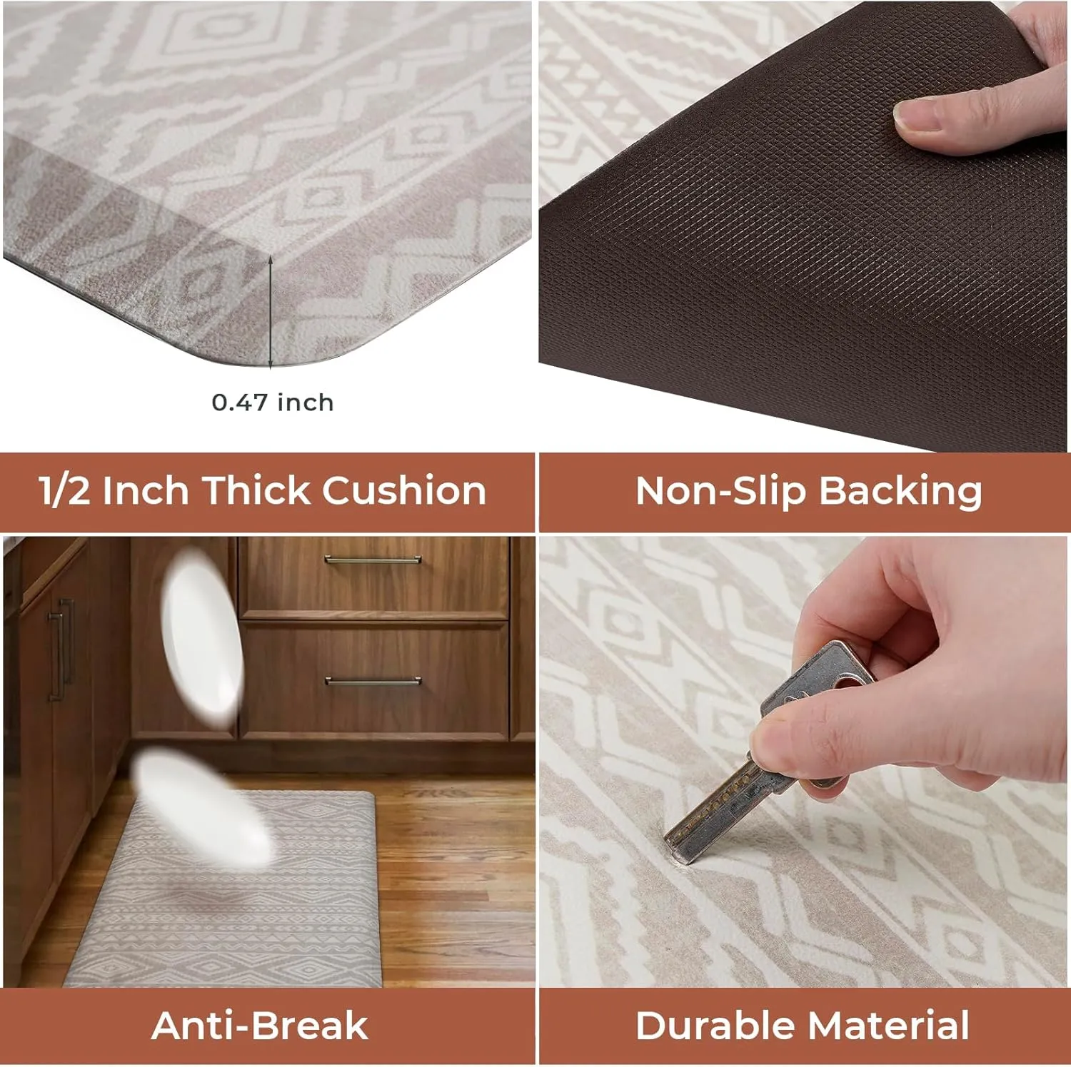 FRESHMINT Boho Kitchen Mat 17.3"x60" 0.47" Narrow Anti-Fatigue Cushioned Kitchen Mats for Floor, Long Waterproof Non Slip Comfort Standing Mat Kitchen Rug Runner for Kitchen Sink, Oatmeal Beige