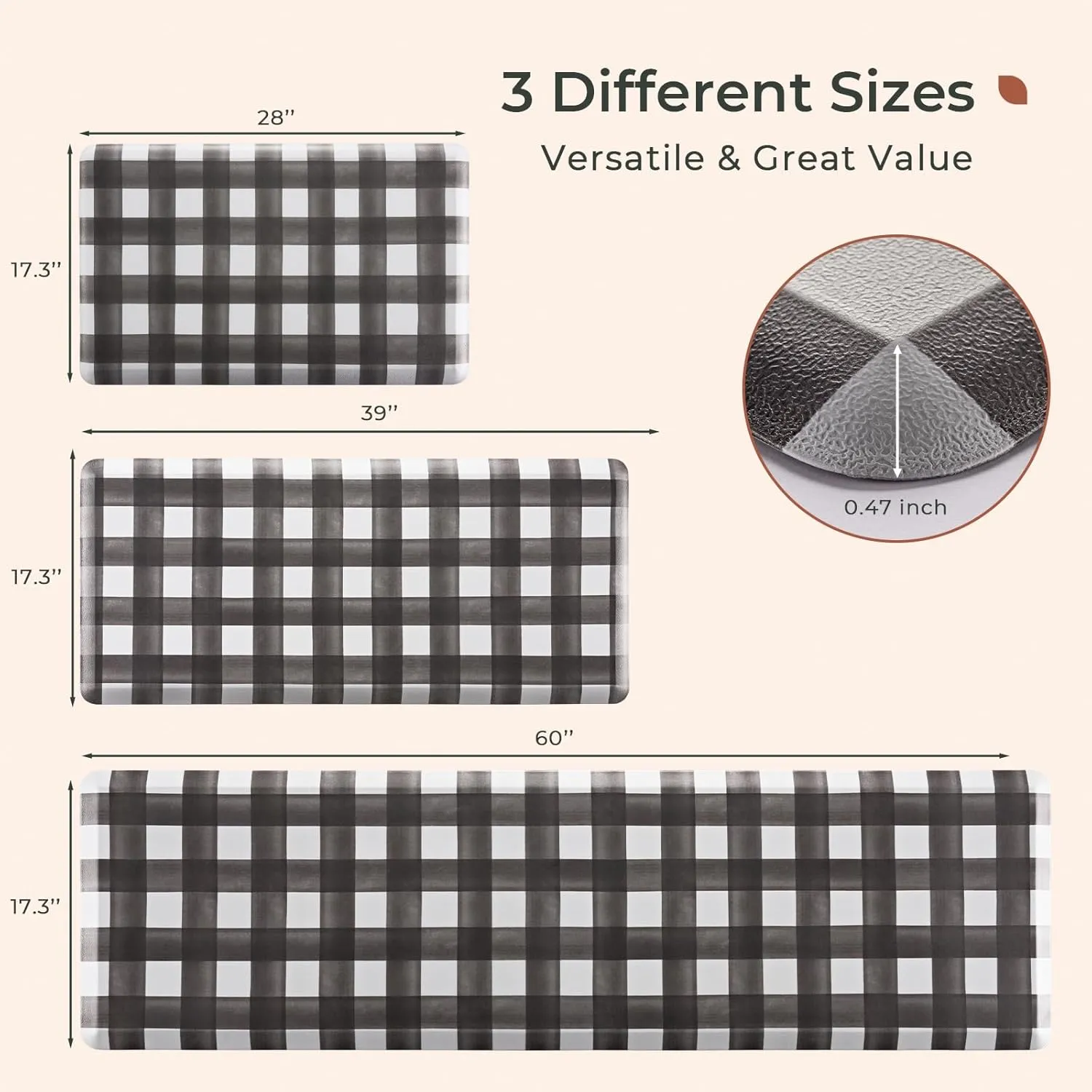 FRESHMINT Farmhouse Kitchen Mat 0.47" Thick 17.3"x60" Anti-Fatigue Cushioned Kitchen Mats for Floor Waterproof Non Slip Comfort Standing Mat Long Rug for Decor Sink Office, Buffalo Plaid Black
