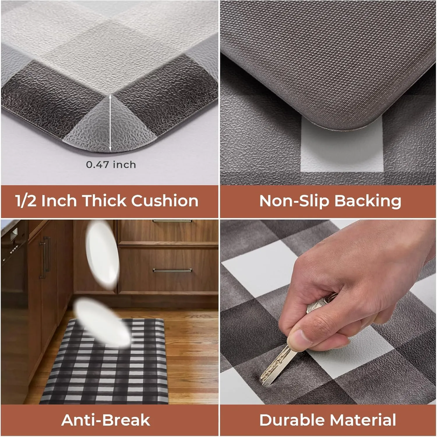 FRESHMINT Farmhouse Kitchen Mat 0.47" Thick 17.3"x60" Anti-Fatigue Cushioned Kitchen Mats for Floor Waterproof Non Slip Comfort Standing Mat Long Rug for Decor Sink Office, Buffalo Plaid Black
