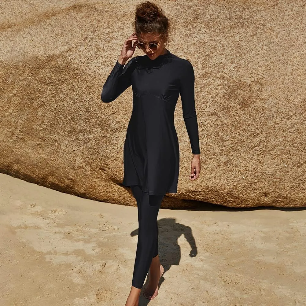 FYMNSI Women Modest Muslim Swimsuits Full Body Islamic Arabic Burkini 2 Pieces Swimming Dress Suit Rash Guard Swimwear