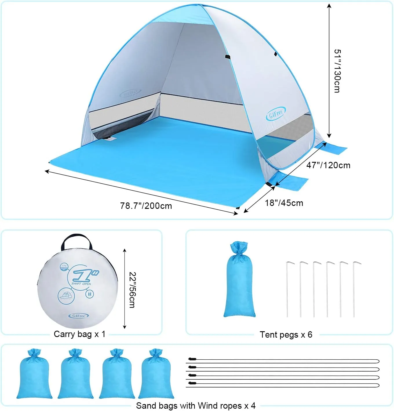 G4Free Large Pop up Beach Tent for 3-4 Person, UPF 50  Automatic Sun Shelter Canopy Portable Outdoor Cabana Sun Umbrella