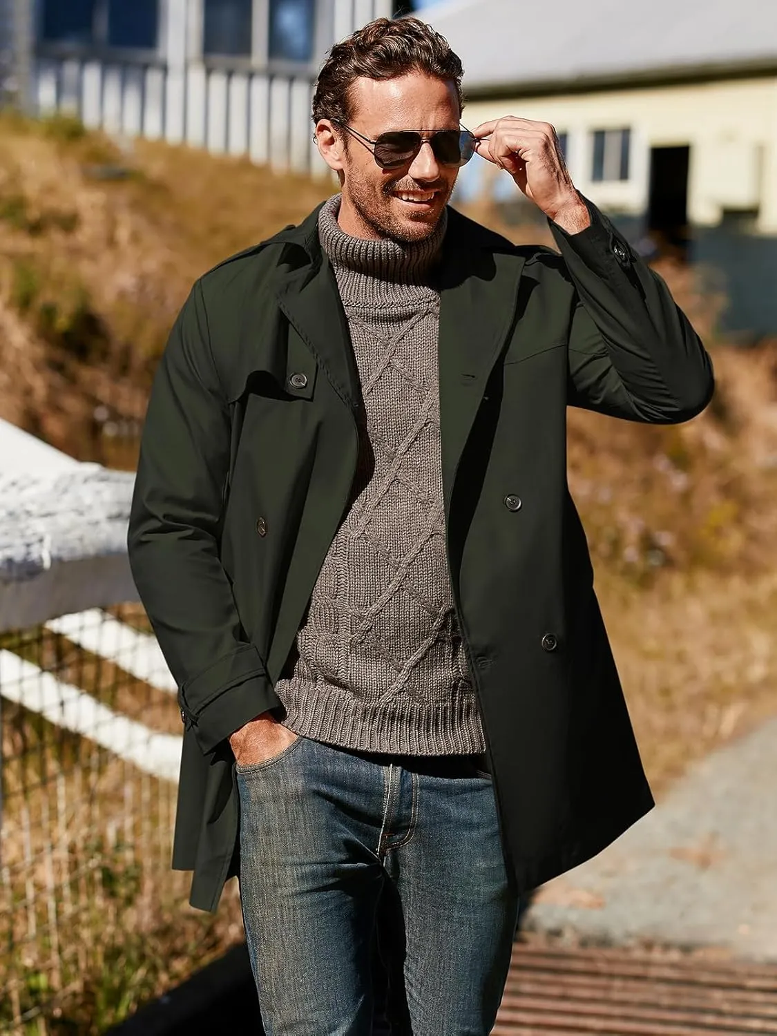 Gafeng Men's Trench Coat Slim fit Double Breasted Belted Windbreaker Lapel Long Jacket Casual Windproof Overcoat