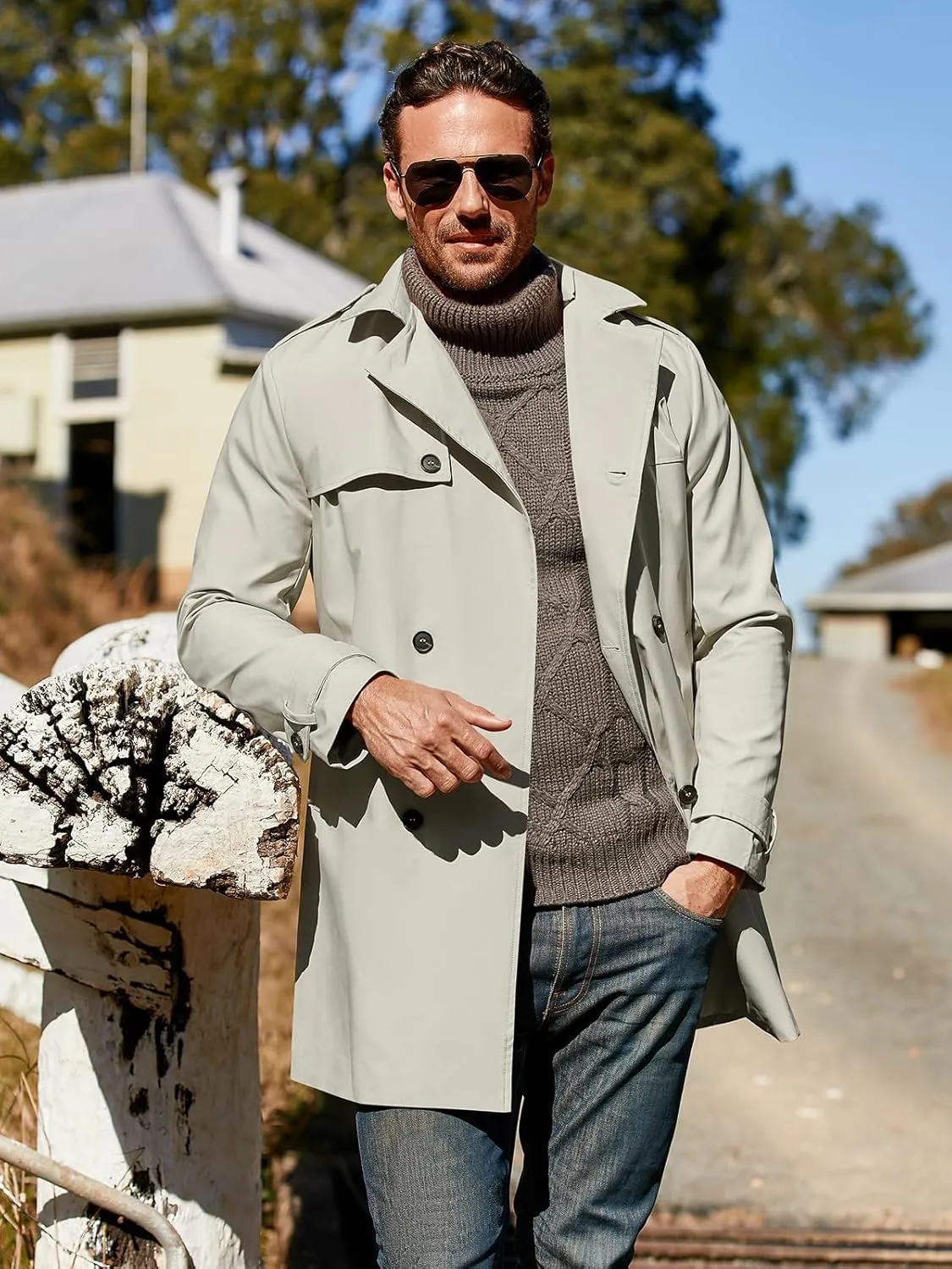 Gafeng Men's Trench Coat Slim fit Double Breasted Belted Windbreaker Lapel Long Jacket Casual Windproof Overcoat