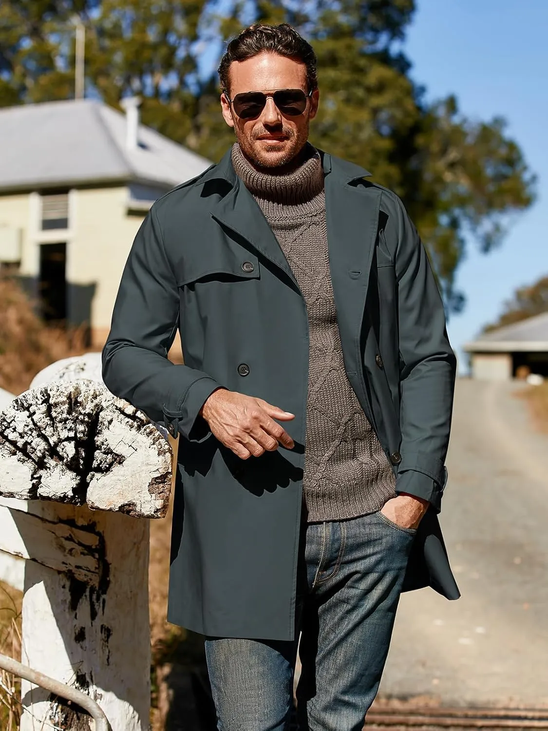 Gafeng Men's Trench Coat Slim fit Double Breasted Belted Windbreaker Lapel Long Jacket Casual Windproof Overcoat