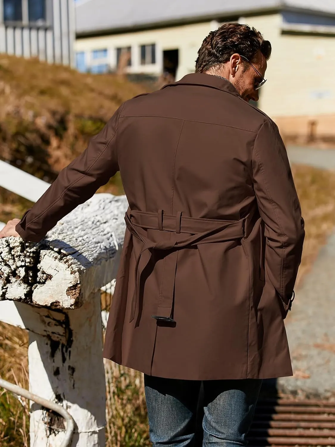 Gafeng Men's Trench Coat Slim fit Double Breasted Belted Windbreaker Lapel Long Jacket Casual Windproof Overcoat