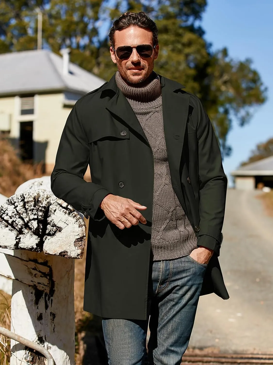 Gafeng Men's Trench Coat Slim fit Double Breasted Belted Windbreaker Lapel Long Jacket Casual Windproof Overcoat