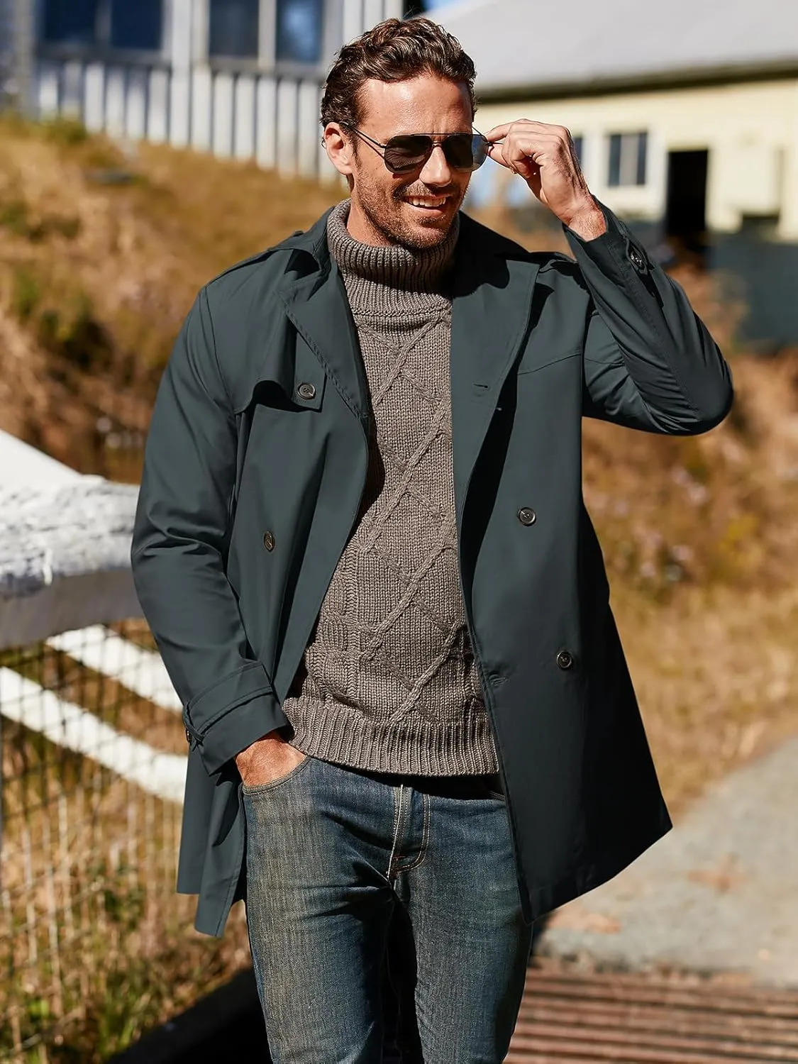 Gafeng Men's Trench Coat Slim fit Double Breasted Belted Windbreaker Lapel Long Jacket Casual Windproof Overcoat