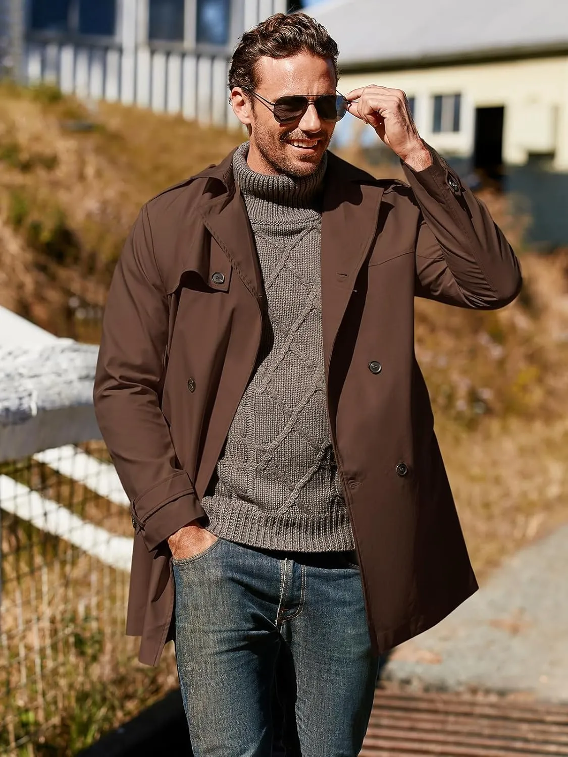 Gafeng Men's Trench Coat Slim fit Double Breasted Belted Windbreaker Lapel Long Jacket Casual Windproof Overcoat