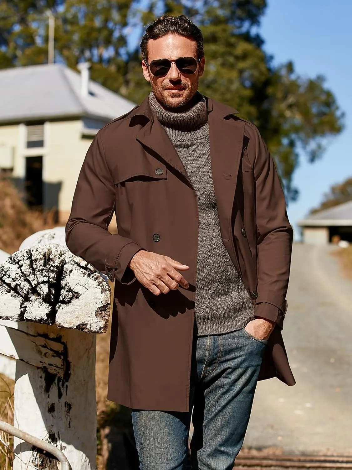 Gafeng Men's Trench Coat Slim fit Double Breasted Belted Windbreaker Lapel Long Jacket Casual Windproof Overcoat