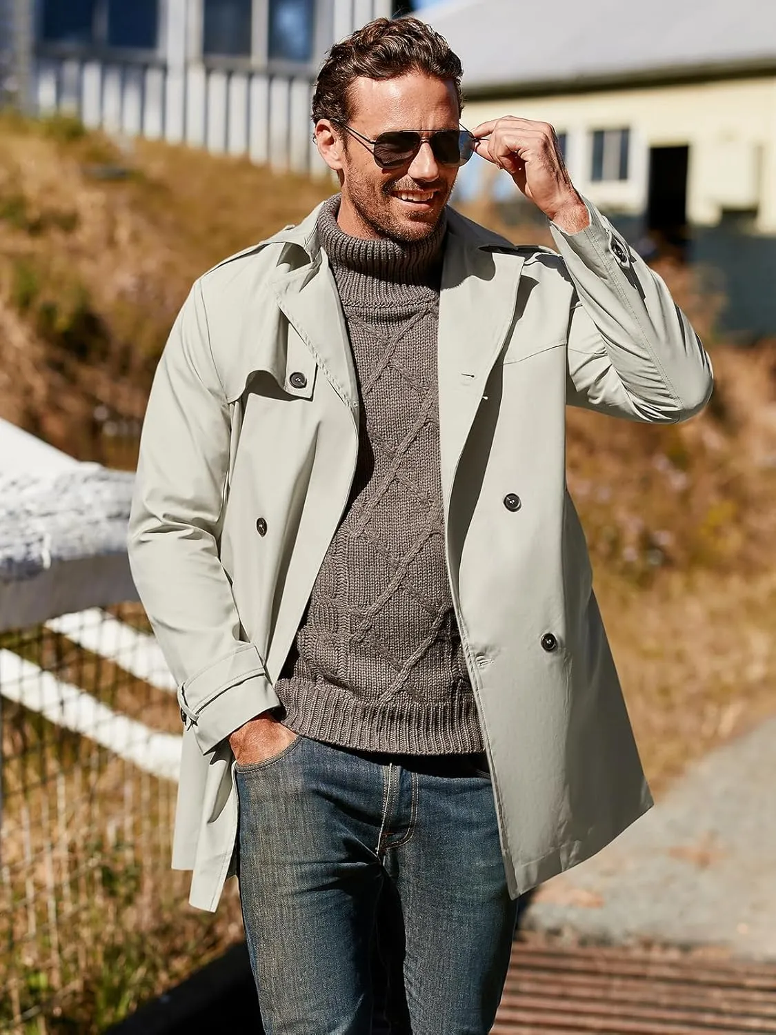 Gafeng Men's Trench Coat Slim fit Double Breasted Belted Windbreaker Lapel Long Jacket Casual Windproof Overcoat