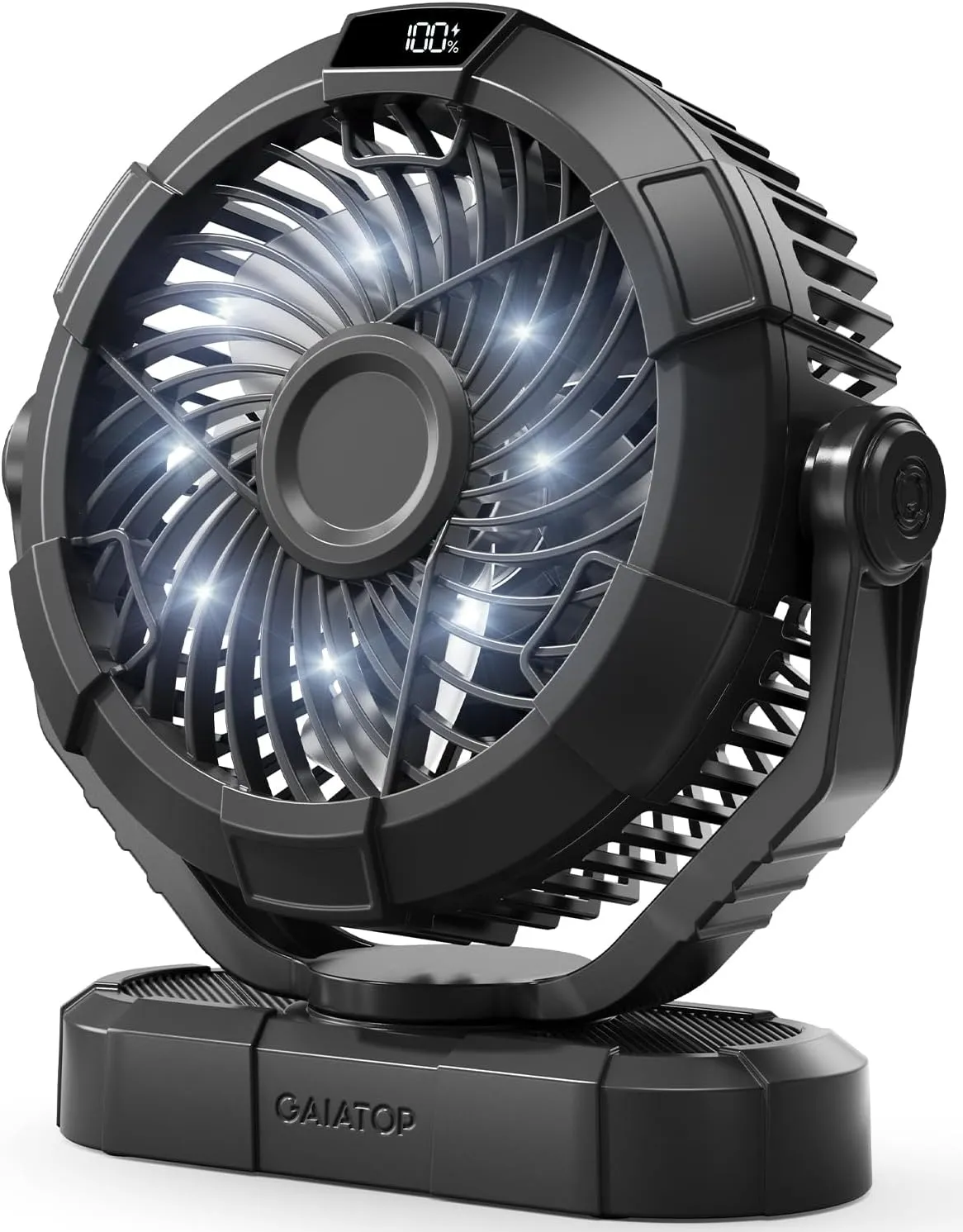 Gaiatop Portable Camping Fan with LED Lantern, Power Display 360° Head Rotation, Hanging Hook for Tent, 3 Speed Quiet Rechargeable, 4000mAh Battery Operated USB Fans for Indoor Outdoor Travel Black
