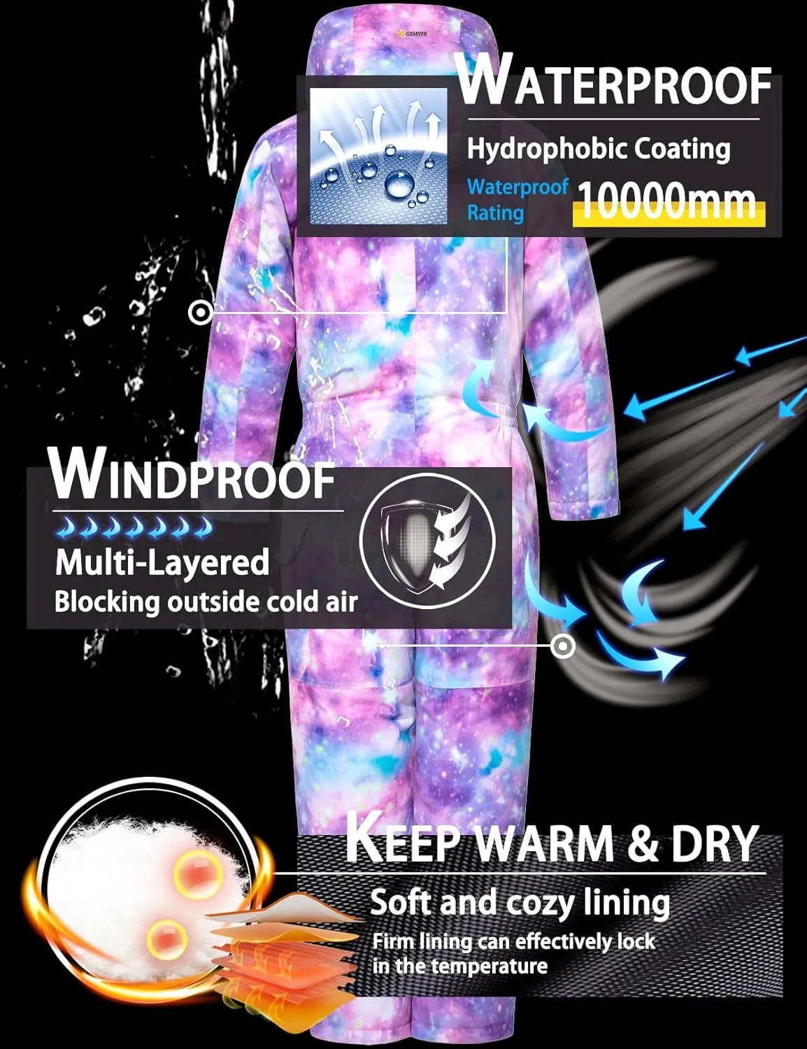 GEMYSE Kids One Pieces Ski Suits Jumpsuits Boys Girls' Winter Outdoor Snowboarding Waterproof Snowsuits