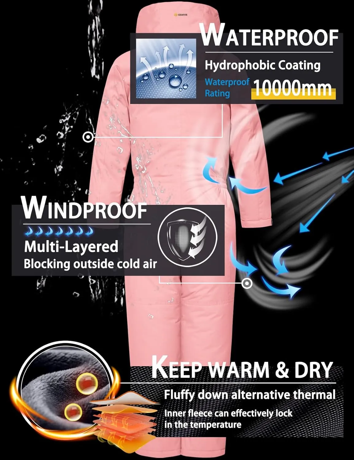 GEMYSE Kids One Pieces Ski Suits Jumpsuits Boys Girls' Winter Outdoor Snowboarding Waterproof Snowsuits