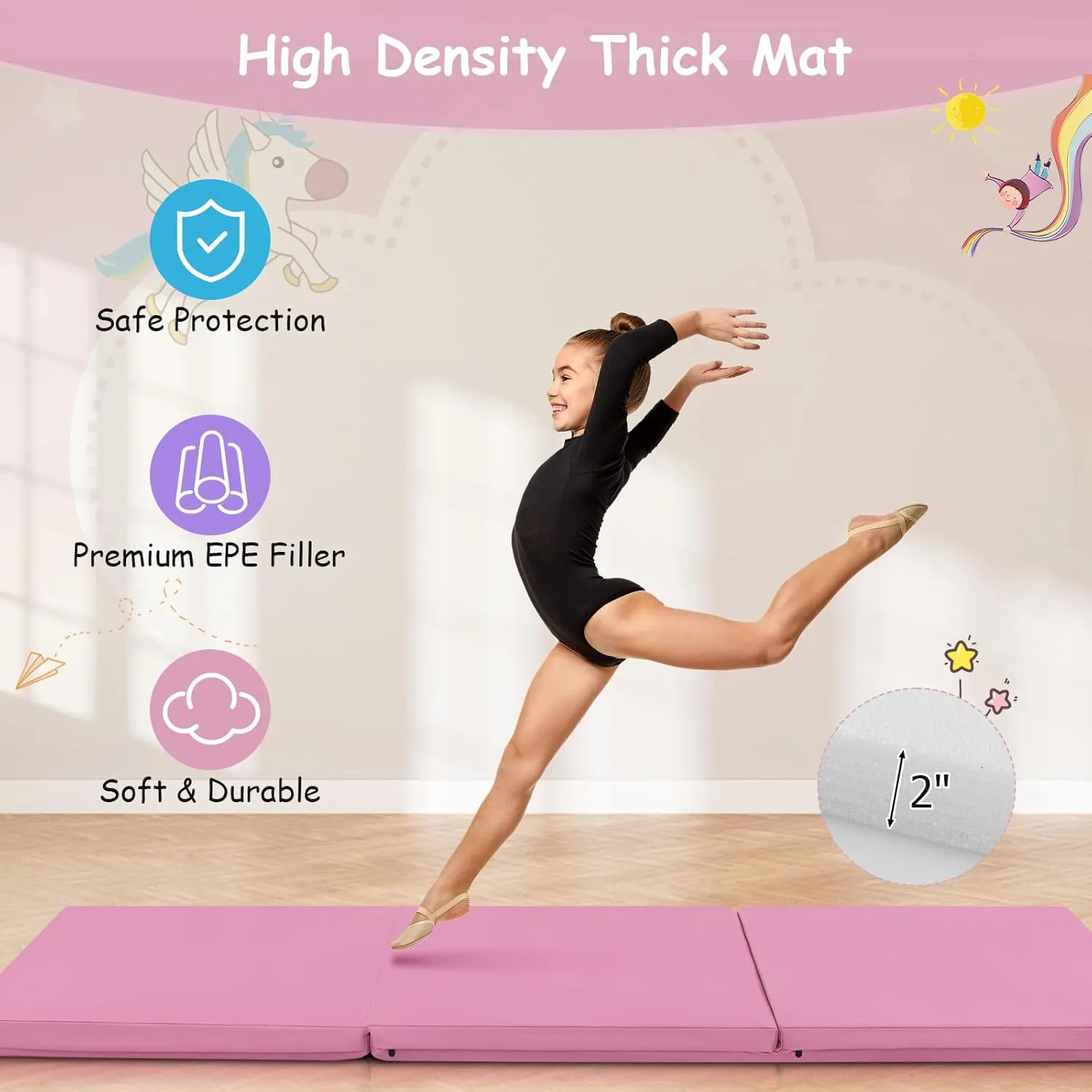 Giantex 6'x 2' Gymnastics Mat, 2" Thick Folding Tumbling Mat with Hook and Loop Fastener, Foldable Gym Mat with Carrying Handles, Cheer Mats for Kids Adults Home Exercise Aerobics Fitness