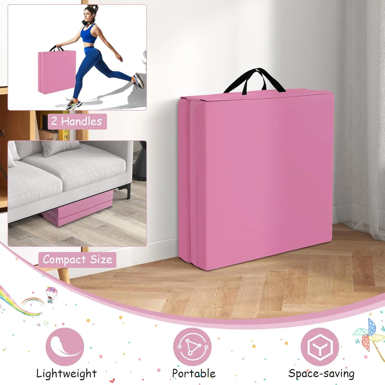Giantex 6'x 2' Gymnastics Mat, 2" Thick Folding Tumbling Mat with Hook and Loop Fastener, Foldable Gym Mat with Carrying Handles, Cheer Mats for Kids Adults Home Exercise Aerobics Fitness