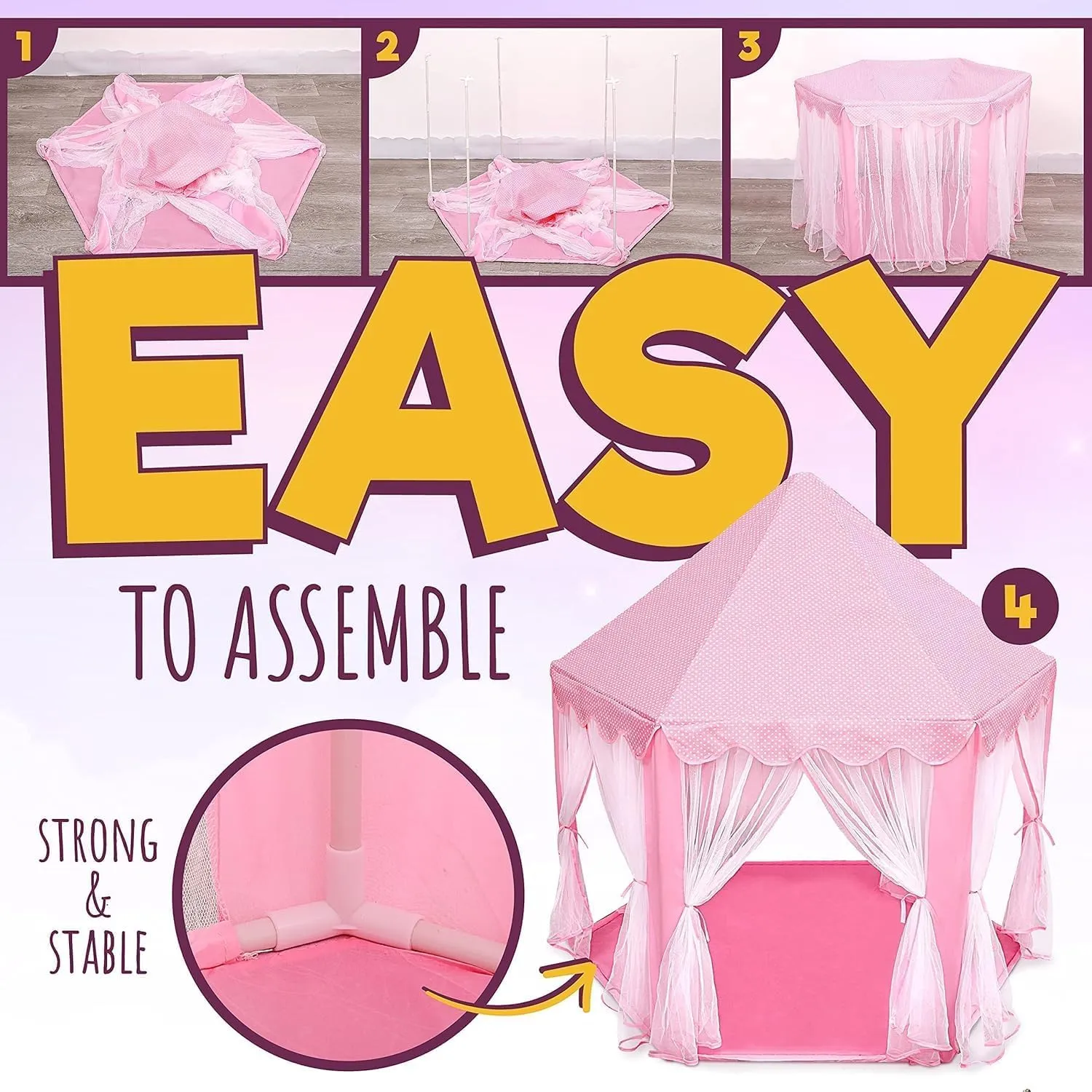 Girls Large Playhouse Kids Castle Play Tent with Star Lights Toy for Children Indoor and Outdoor Games, 55'' x 53'' (DxH) (Pink Tent with Star Lights)