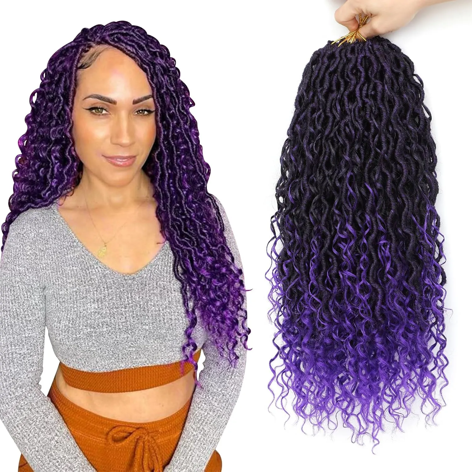 Goddess Loc Crochet Hair 14inch 8 Packs Faux Locs Crochet Hair for Black Women 1B/Purple Pre Looped River Locs with Curly Ends