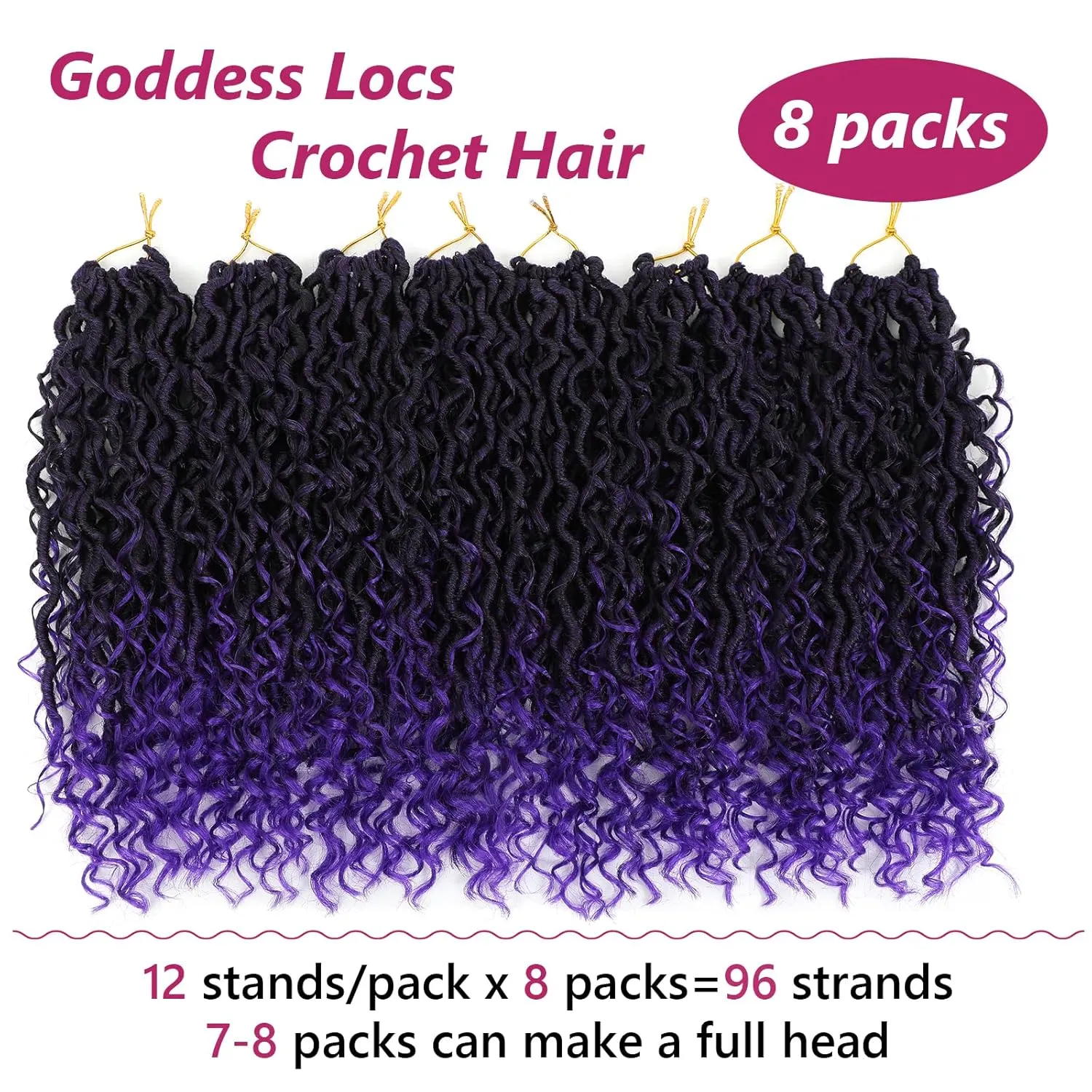 Goddess Loc Crochet Hair 14inch 8 Packs Faux Locs Crochet Hair for Black Women 1B/Purple Pre Looped River Locs with Curly Ends