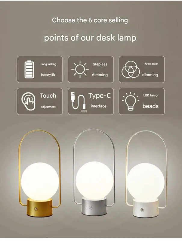 Gold Portable Rechargeable LED Lantern Lamp - Touch Control 3-Color Dimmable Desk Light