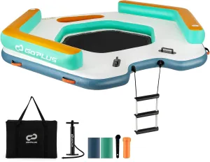 Goplus Inflatable Floating Dock, 8.7FT x 8.7FT Inflatable Dock Platform w/Detachable Ladder, Carry Bag, Water Mat Floating Platform Island Raft for Lake, Beach, Pool