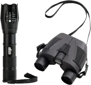 Gorilla Grip Tactical Flashlight and Compact Binoculars, Flashlight is Water Resistant, Binoculars are Adjustable and Includes Neck Strap, Both in Black Color