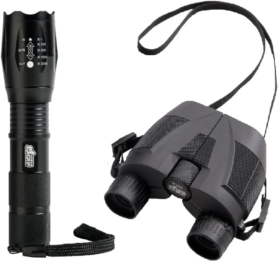Gorilla Grip Tactical Flashlight and Compact Binoculars, Flashlight is Water Resistant, Binoculars are Adjustable and Includes Neck Strap, Both in Black Color